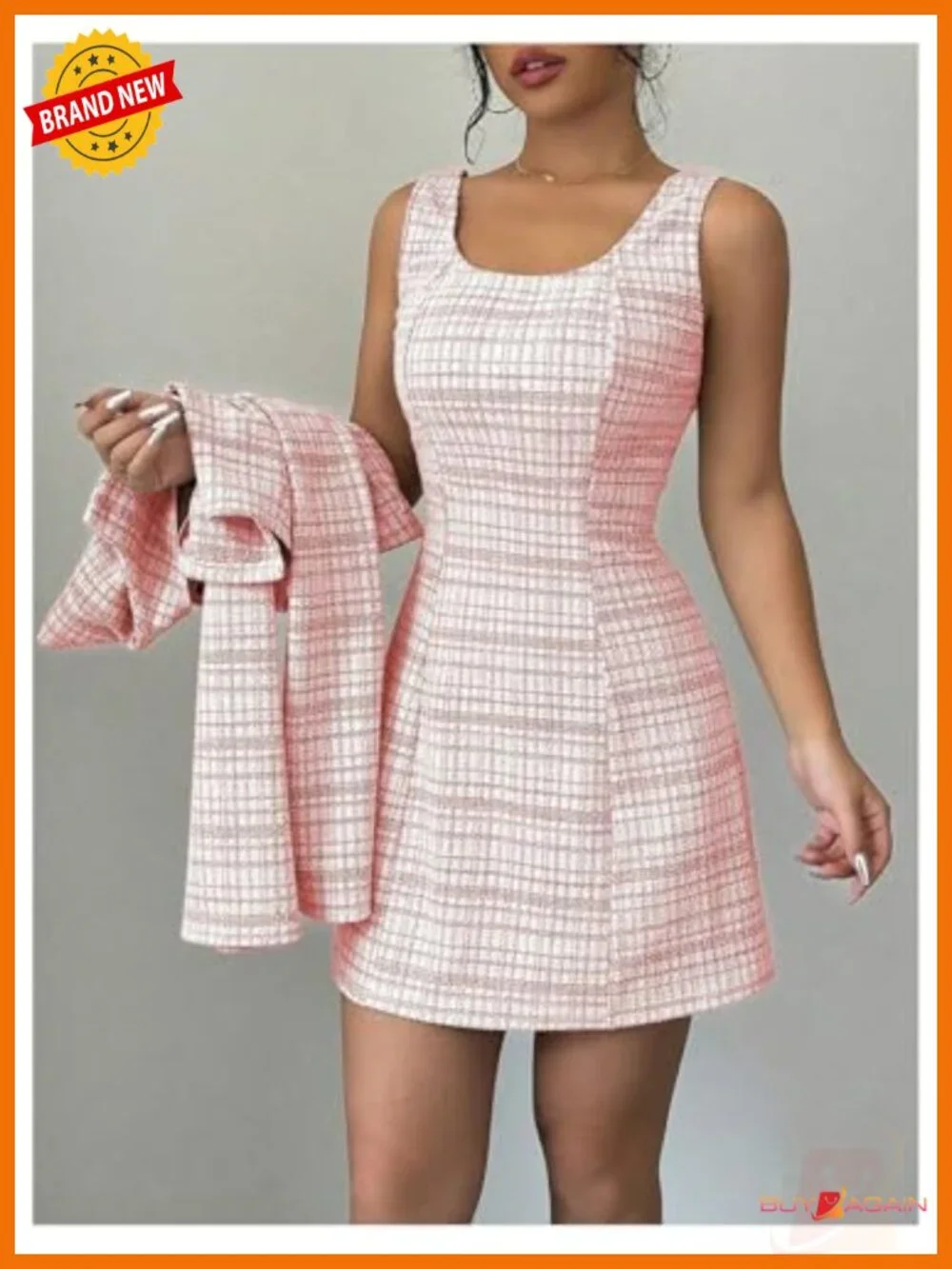 2 Piece Plaid Long Sleeve Cropped Jacket and Mini Tank Dress Set